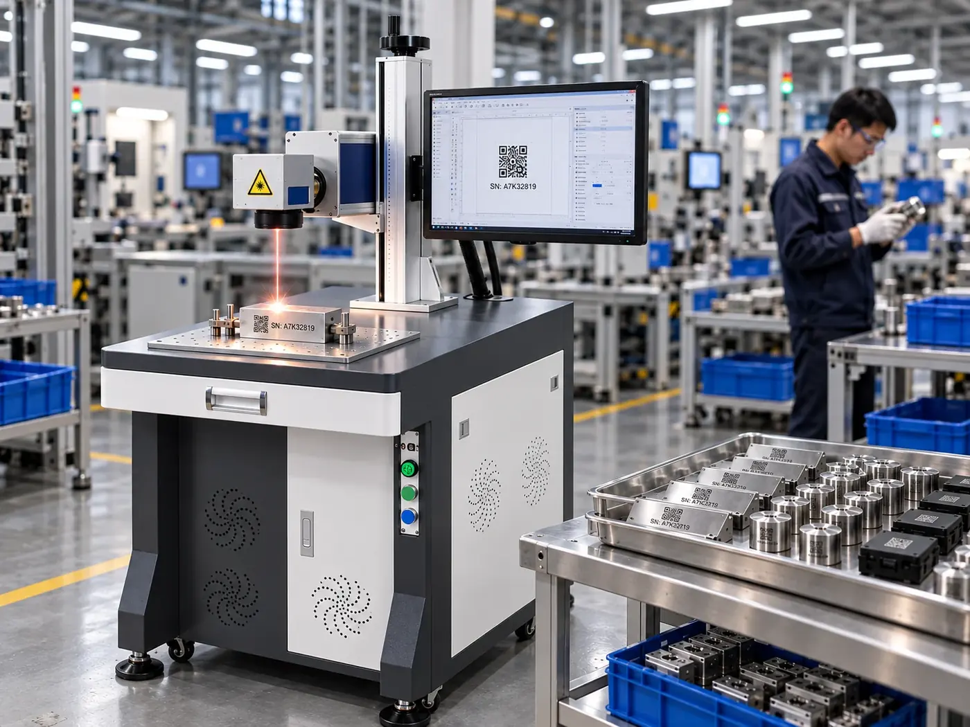 Gravadora a laser marcando peças em uma linha de produção